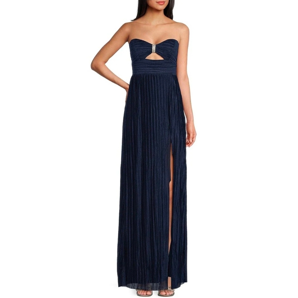 Honey & Rosie Midnight Blue Strapless Gown M | Ruched Bodice Cutout Formal Maxi